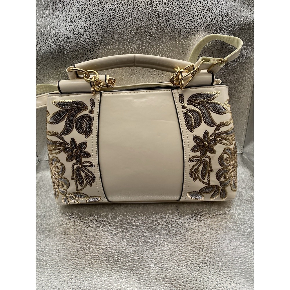 Ivory Floral Embroidered Satchel Bag Gold Hardware Detachable Strap Zip Closure